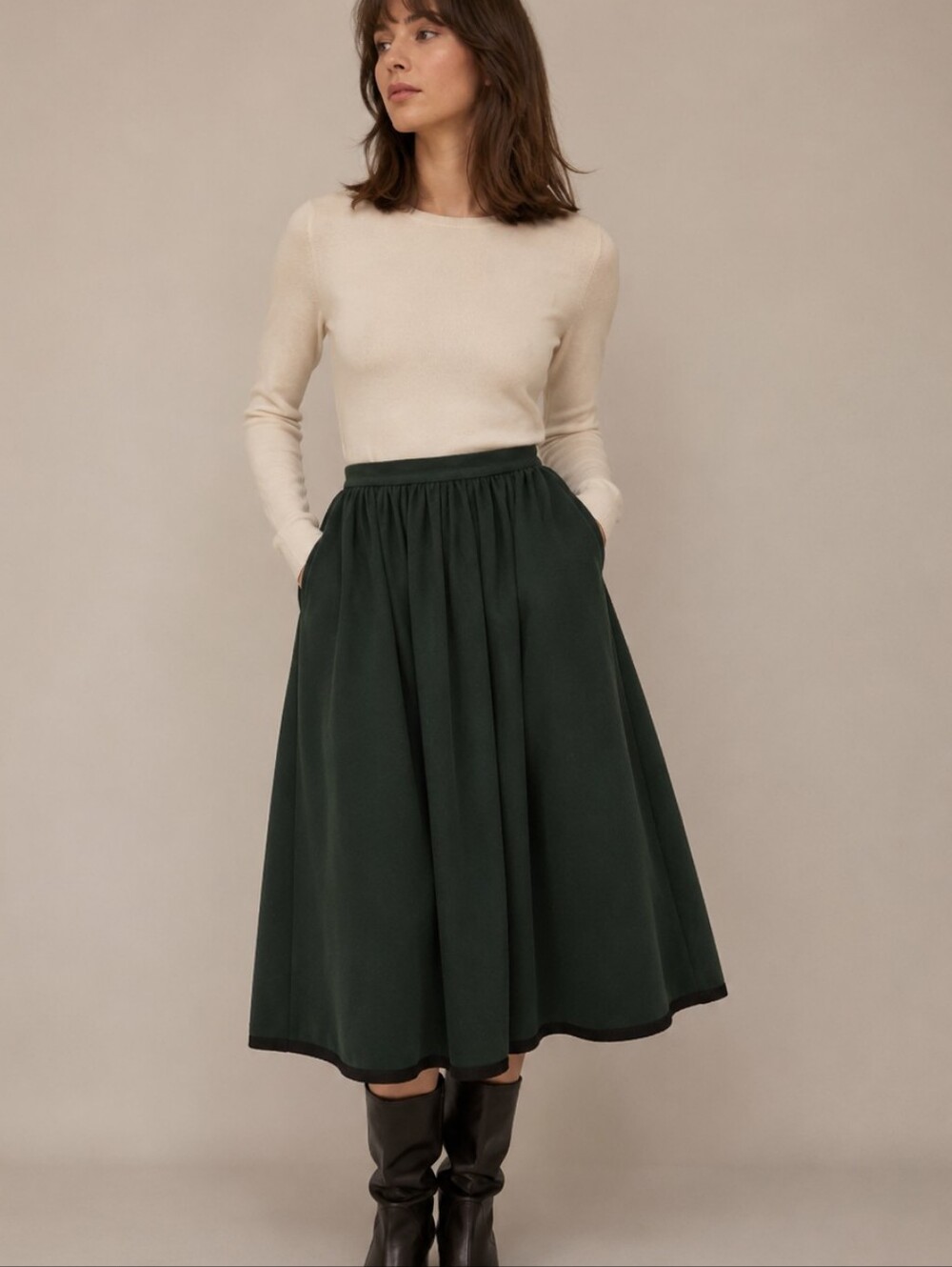YSL Saint Laurent Rive Gauche Vintage Wool Midi Skirt Green France‎ Sz 38 1970s